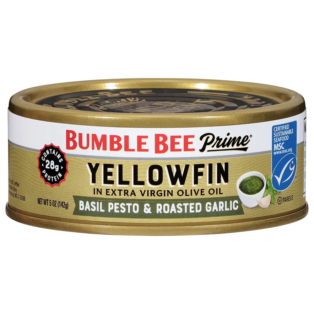 Bumble Bee Prime Basil Pesto & Roasted Garlic Yellowfin Tuna in Extra Virgin Olive Oil, 5 oz Can - Wild Caught Ahi Tuna - 28g Protein Per Serving - Non-GMO, MSC Certified Sustainable Seafood