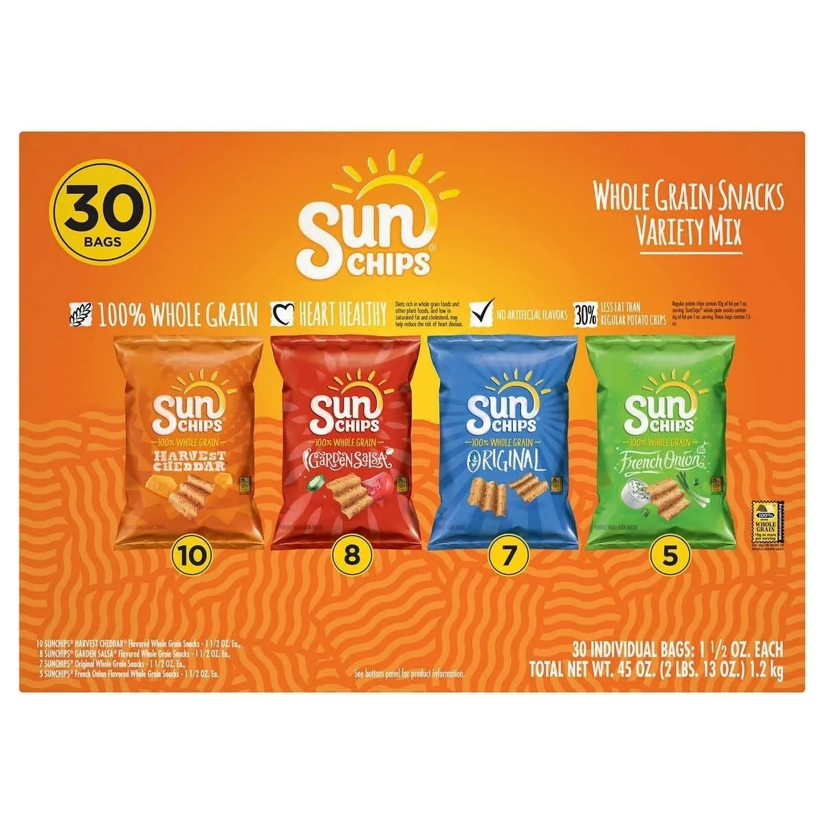 Sun Chips Whole Grain Snacks, Variety Pack, 1.5 oz, 30 ct