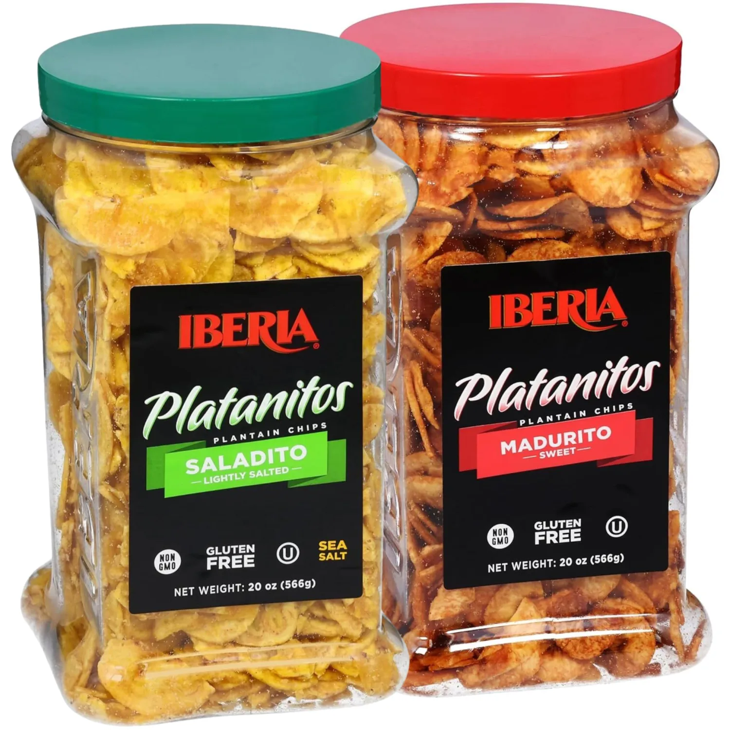 Iberia Salted Plantain Chips Jar 20 Ounce and Naturally Sweet Plantain Chips Jar 20 Ounce Bundle