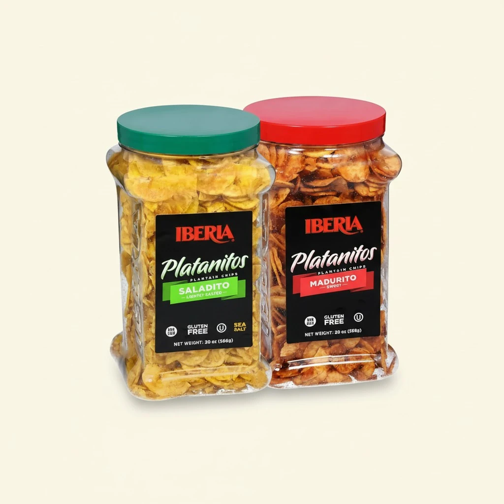 Iberia Salted Plantain Chips Jar 20 Ounce and Naturally Sweet Plantain Chips Jar 20 Ounce Bundle