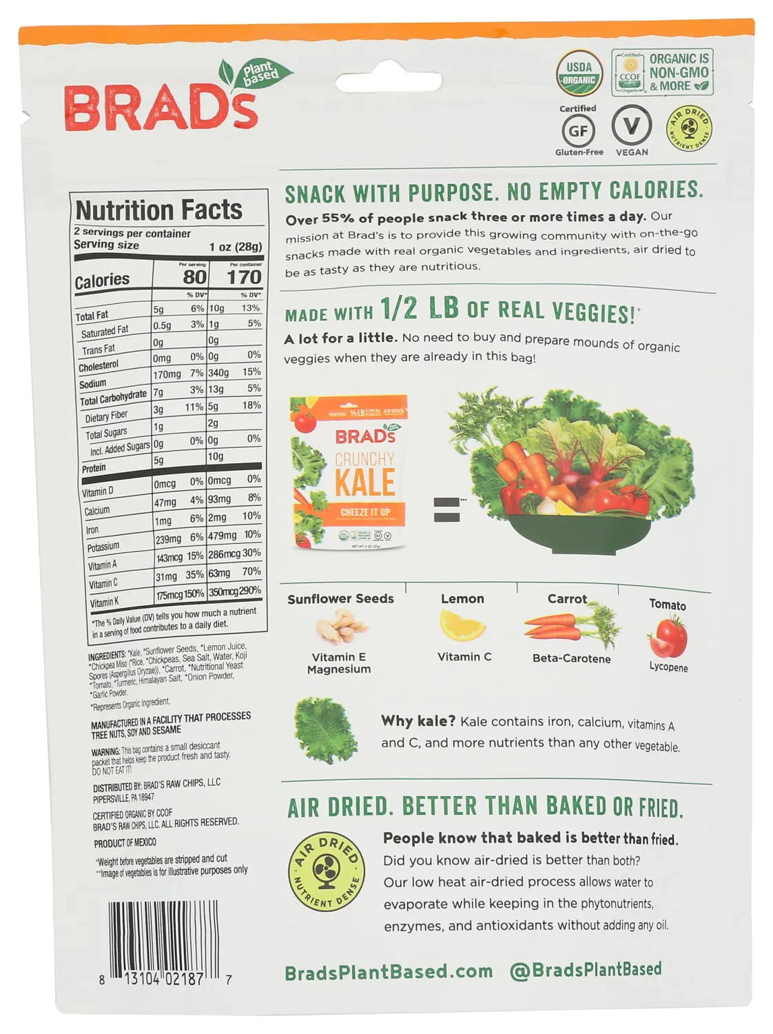 Brads Plant Based Kale Cheeze It Up Chip, 2 Oz
