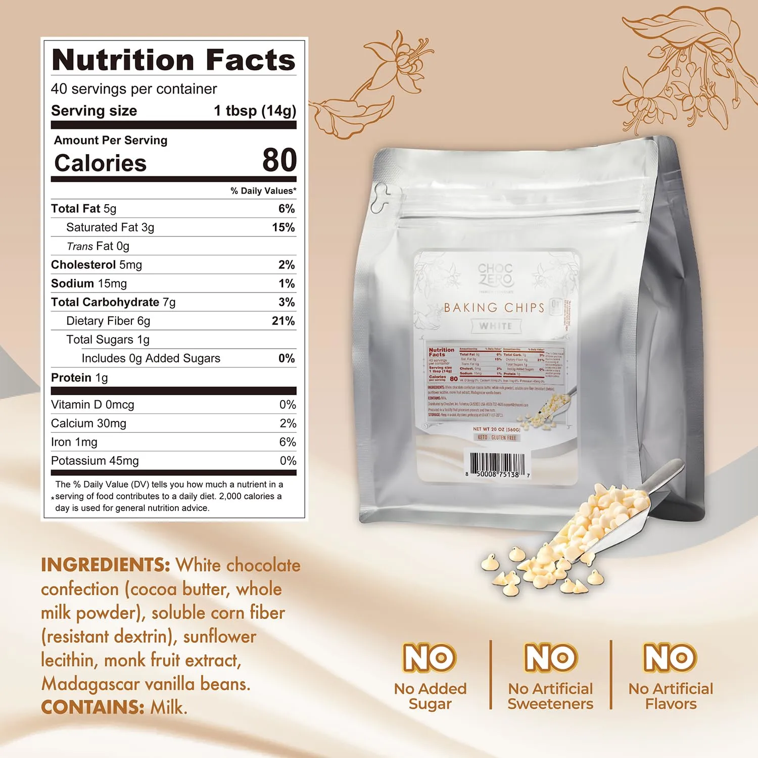 ChocZero White Chocolate Chips - Sugar Free, Low Carb, Keto Friendly, Gluten Free - 20 Ounce Bulk Bag for Baking Keto Diet Cookies and Dessert