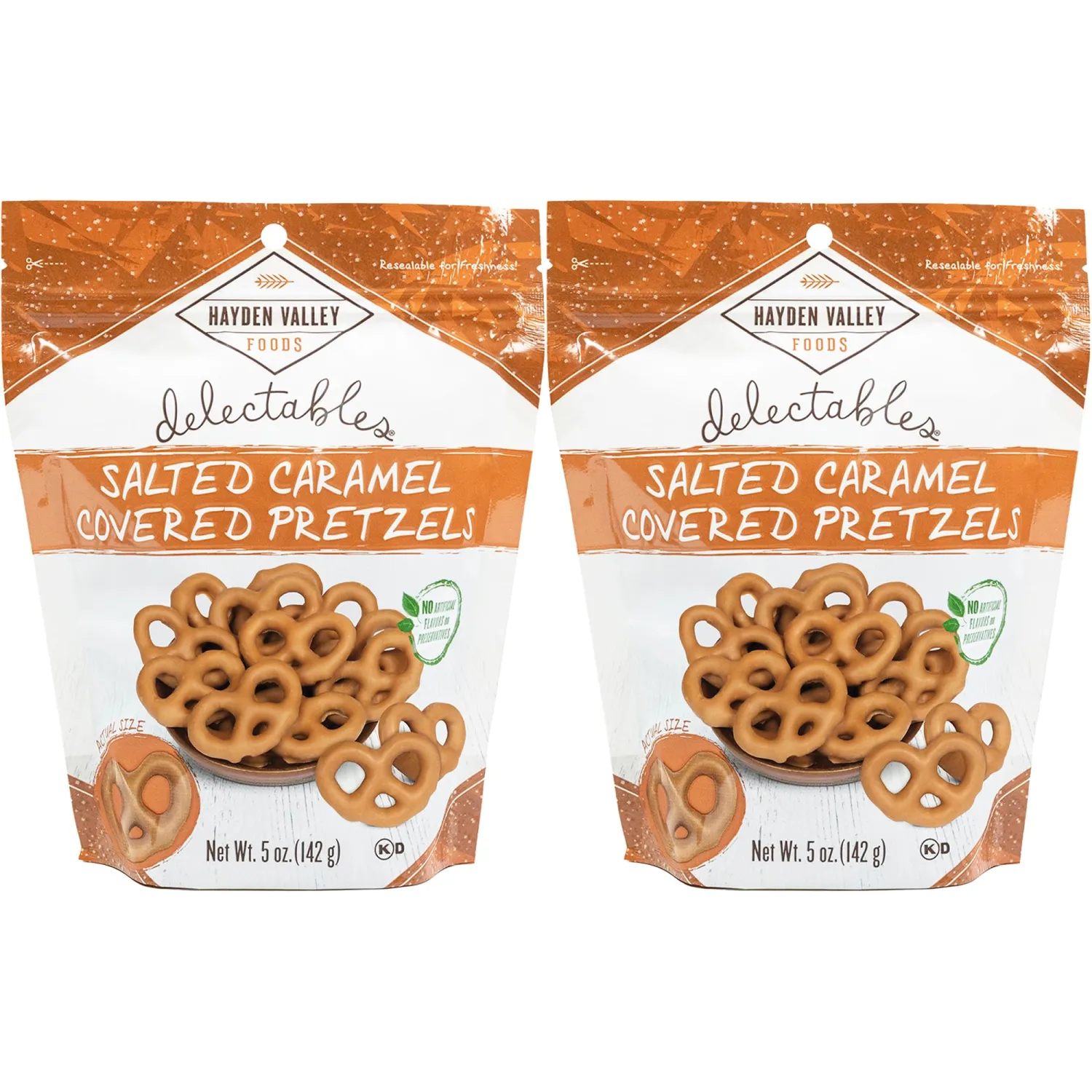 Hayden Valley Foods Salted Caramel Covered Pretzels - 5 oz (Pack of 2) - Gourmet Naturally Flavored Brown Pretzels