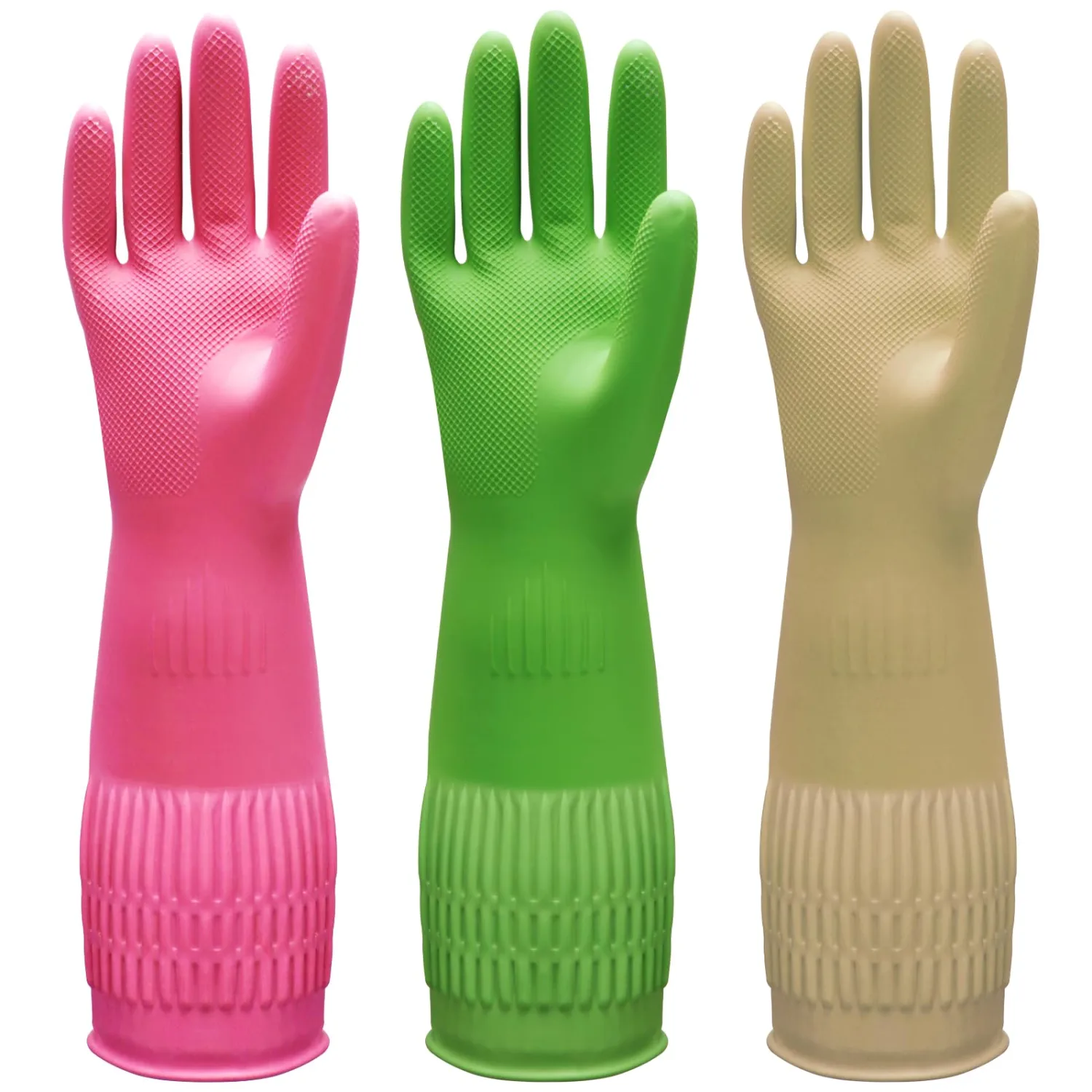 Bamllum 3 Pairs of Rubber Dishwashing Gloves for Kitchen and Household Cleaning – Long Cuff 15", Reusable, Flexible Long-lasting and Non-Slip (Red+Yellow+Green, Large)
