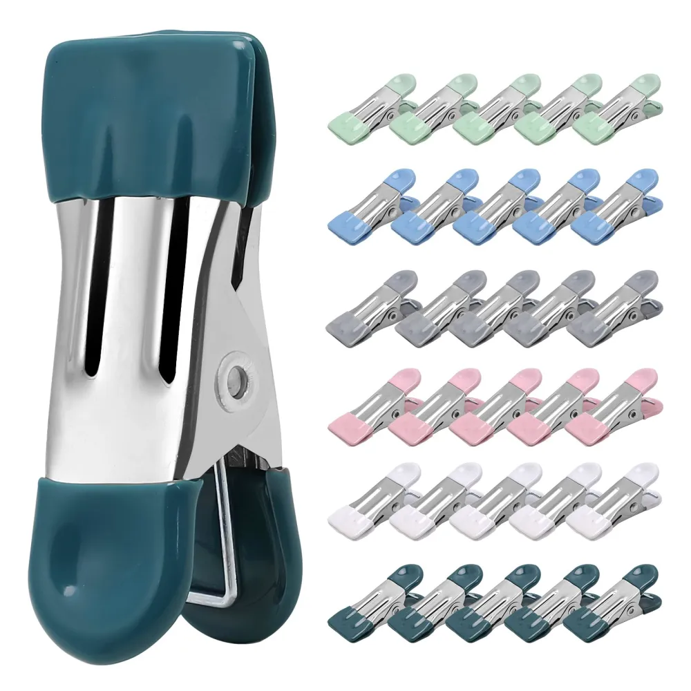 Clothes Pins Heavy Duty 30 Pack - 2.17 Inch Metal Chip Clips, Clothespins for Photo Drying Clothesline Laundry Sock, Bag Clips for Food Kitchen Stainless Steel with Rubber, 6 Colors