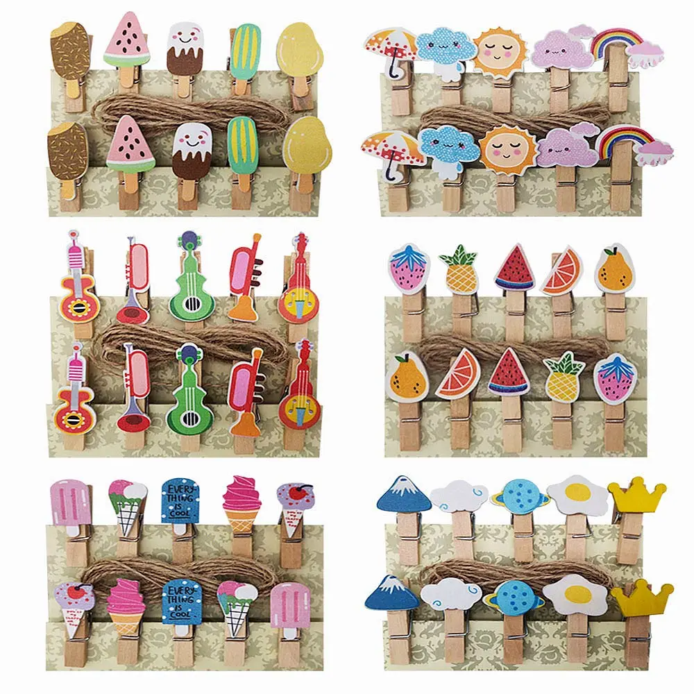 SaktopDeco 60 Counts Mini Wooden Clothespins Small Decorative Wood Peg Pin Craft Clip Pattern of Fruits Ice Cream Musical Instruments