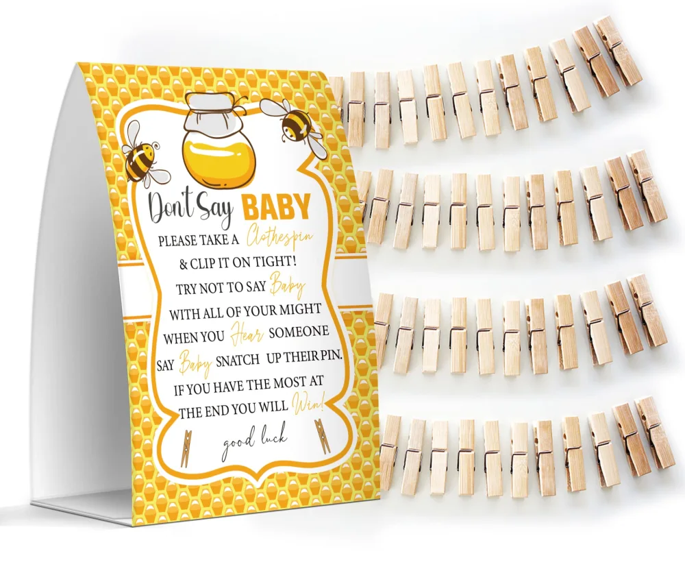 Don't Say Baby Set - One 5x7 Sign and 50 Mini Clothespins, Baby Shower Games, Baby Shower Decoration, Gender Neutral Baby Shower - MsJb019