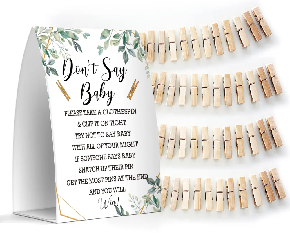 Don't Say Baby Set - One 5x7 Sign and 50 Mini Clothespins, Baby Shower Games, Baby Shower Decoration, Gender Neutral Baby Shower - MsJb009