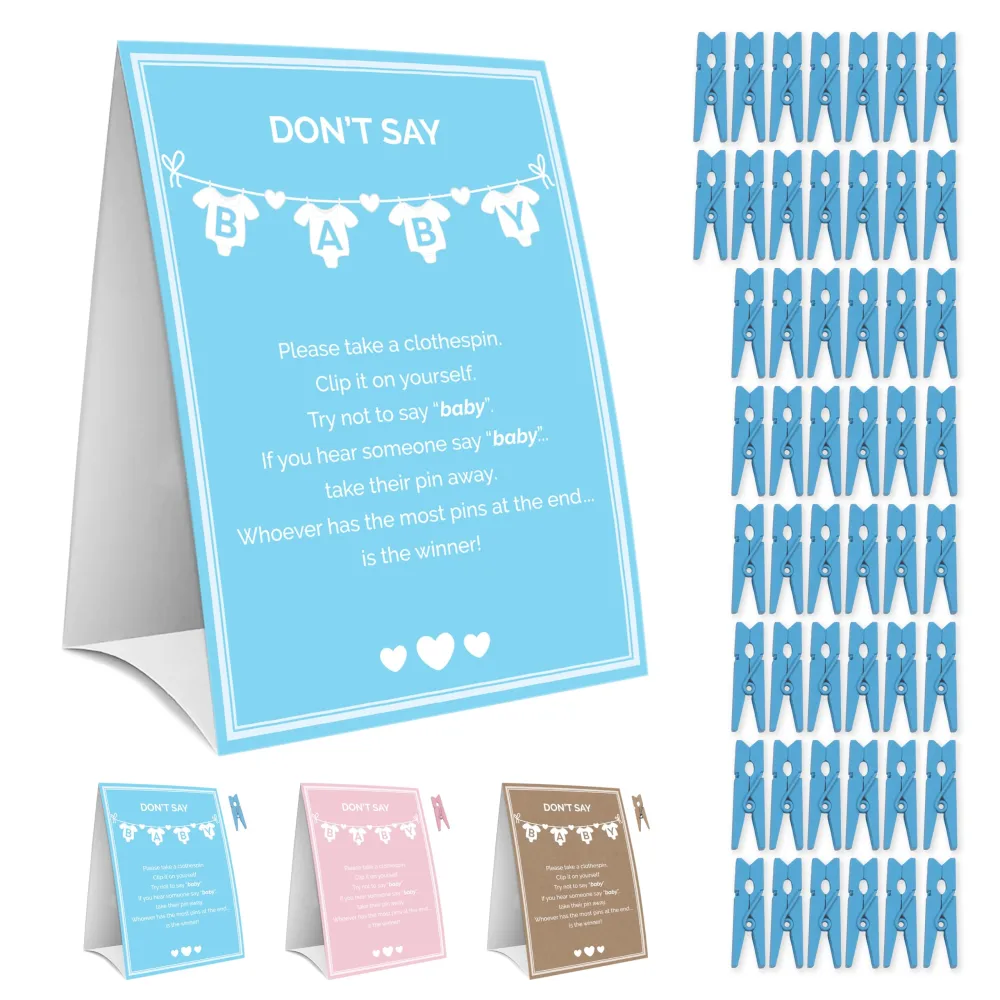 Party Hearty Baby Shower Games for Boy, Don't Say Baby Game,1 Sign and 50 Mini Blue Clothespins, Don't Say Baby Baby Shower Game, Ideas