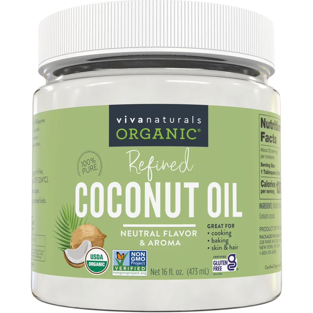 Viva Naturals Refined Coconut Oil - Expeller-Pressed Organic Coconut Oil for Cooking and Baking with Neutral Flavor & Aroma - USDA Organic Certified Hair Oil and Skin Moisturizer, 16 Fl Oz