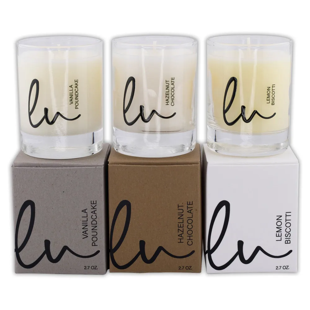 Lulu Candles | Lemon Biscotti, Vanilla Poundcake, Hazelnut Chocolate | Luxury Scented Soy Jar Candle | Hand Poured in The USA | Highly Scented (Gourmet Gift Set 3 PC - 2.7 Oz Votives)