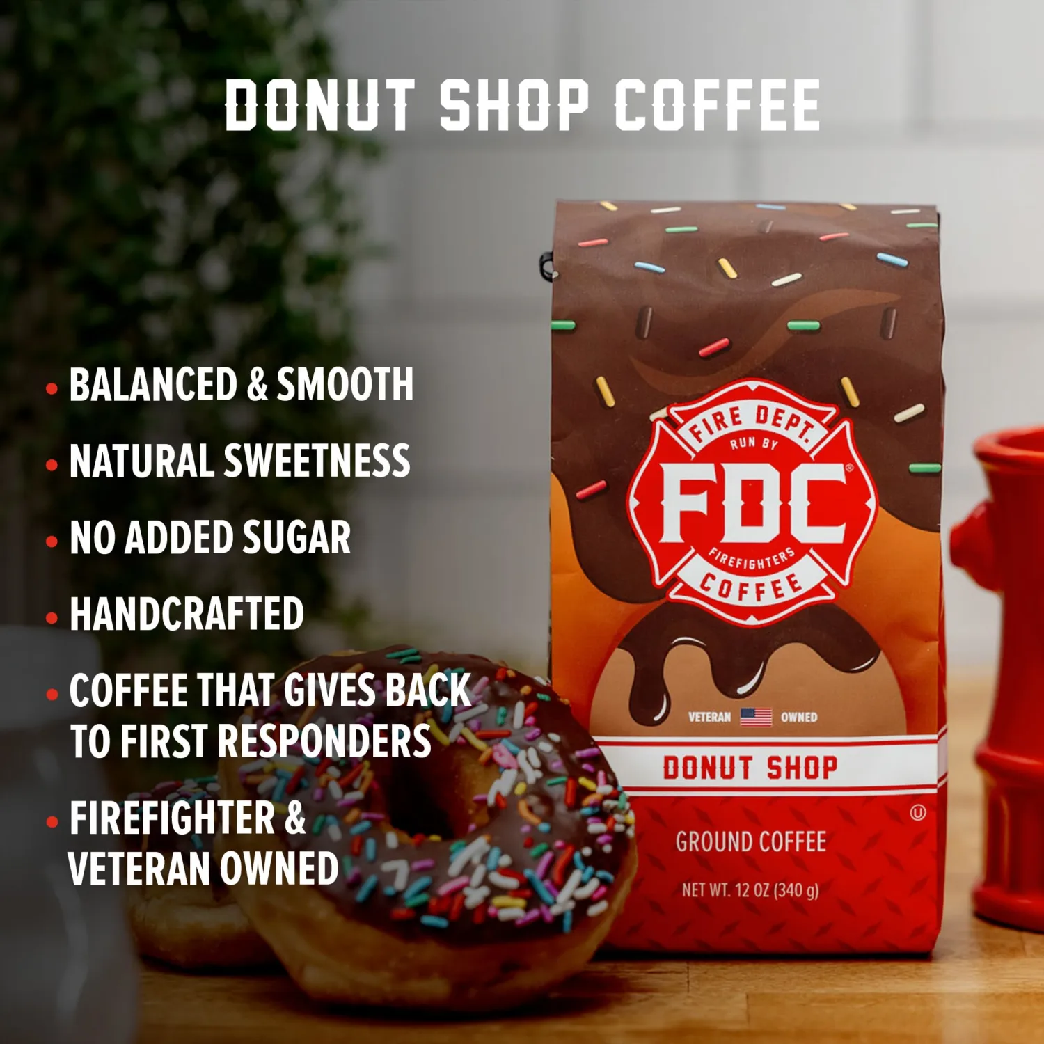 Fire Department Coffee - Gives Back to Firefighters - Sweet & Smooth Donut Shop Coffee Beans - Medium Roast - Roasted in the USA - Veteran Owned - 12 oz