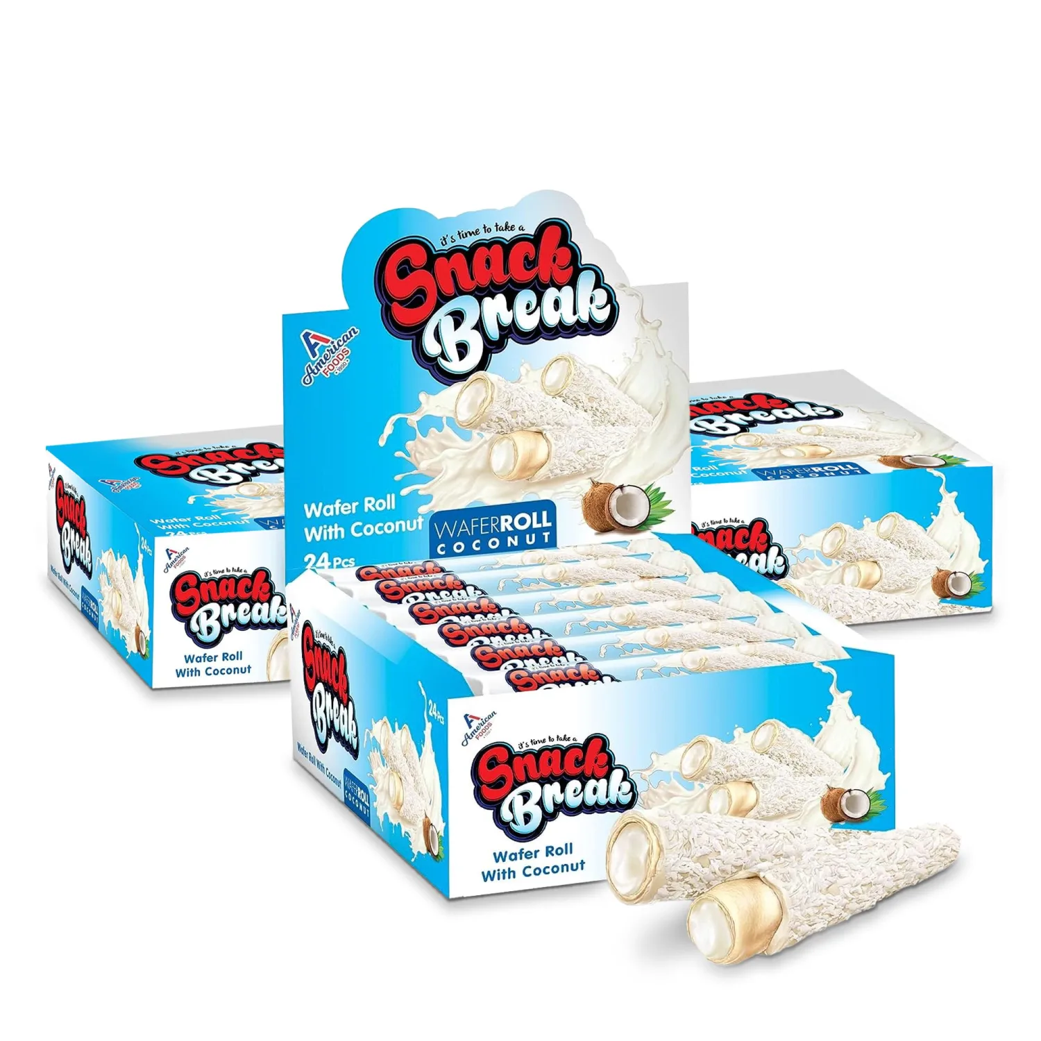 Snack Break Coconut Rolled Wafers - 24 Individually Wrapped Coconut Wafer Rolls (Pack of 3) with Creamy Coconut Filling - Snacks for Kids & Adults