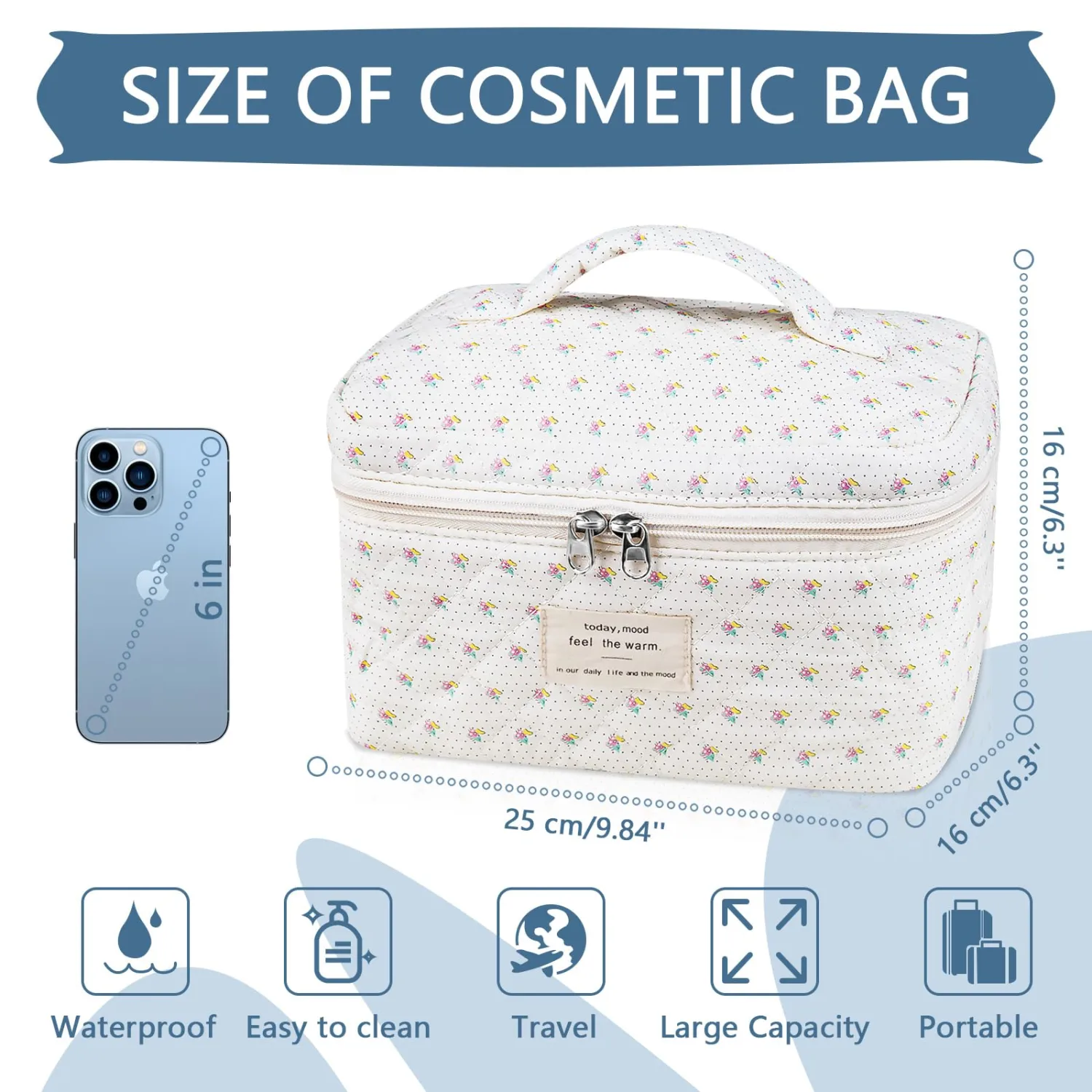 Big Cute Makeup Bag for Women, Large Travel Floral Cotton Cosmetic Bag, Coquette Aesthetic Quilted Toiletry Organizer Bag (White floral)