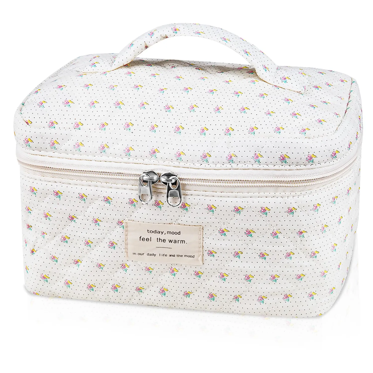 Big Cute Makeup Bag for Women, Large Travel Floral Cotton Cosmetic Bag, Coquette Aesthetic Quilted Toiletry Organizer Bag (White floral)