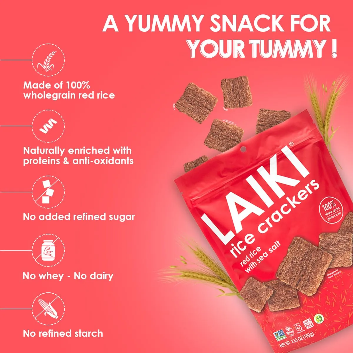 LAIKI Gluten Free Rice Crackers, Red Rice, Resealable 3.53 Ounce Bag