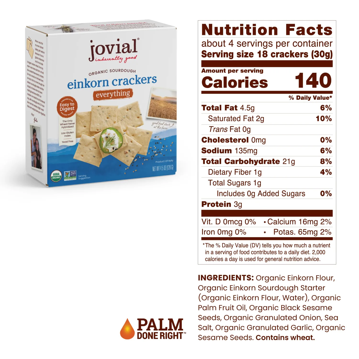 Jovial Organic Sourdough Einkorn Everything Crackers - Sourdough Crackers for Cheese Platter, Made with Einkorn, USDA Organic, Non-GMO - 4.5 Oz