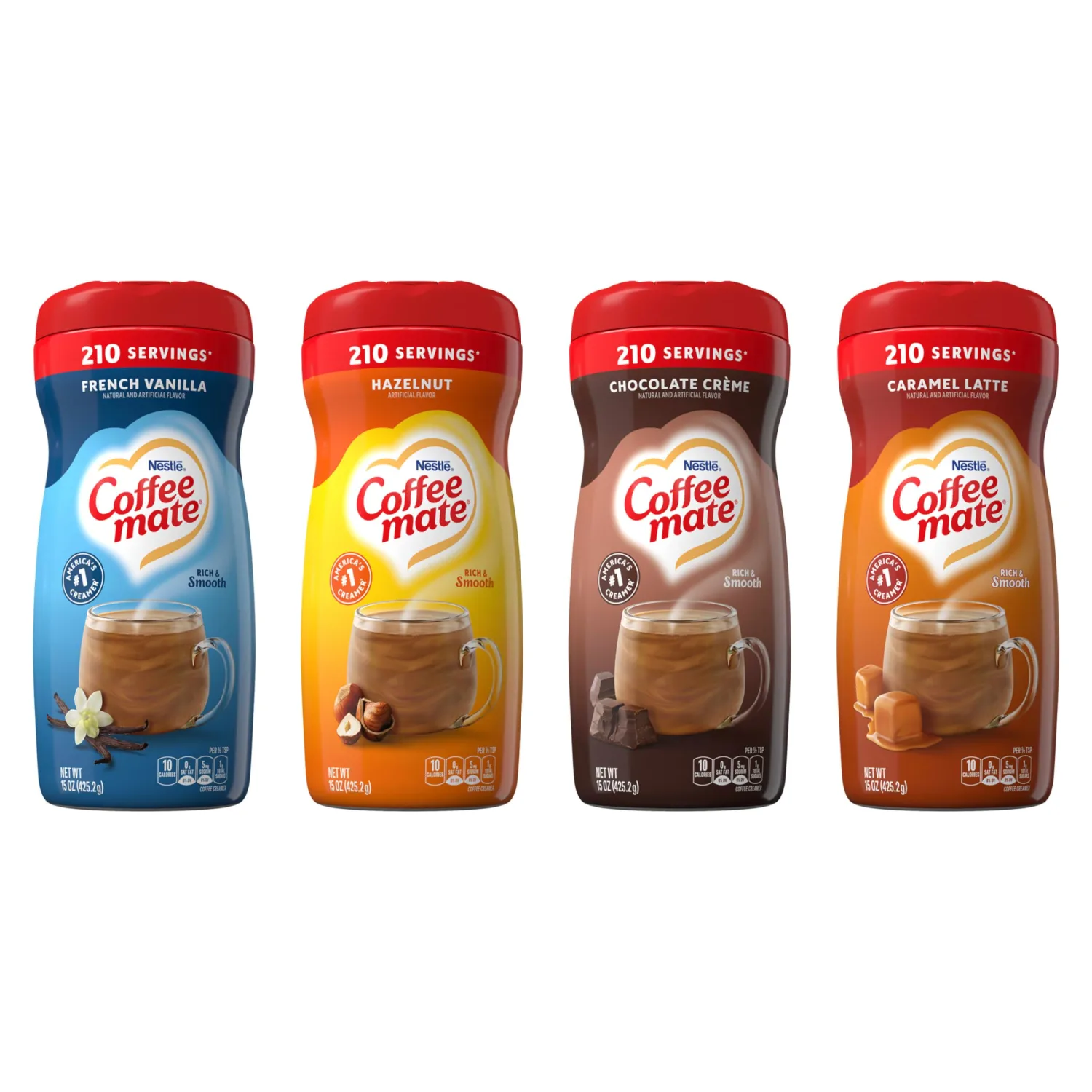 Nestle Coffee mate Flavored Creamer 4 Pack Variety Pack (15 oz bottles) - Chocolate Crème, French Vanilla, Hazelnut, Caramel Latte