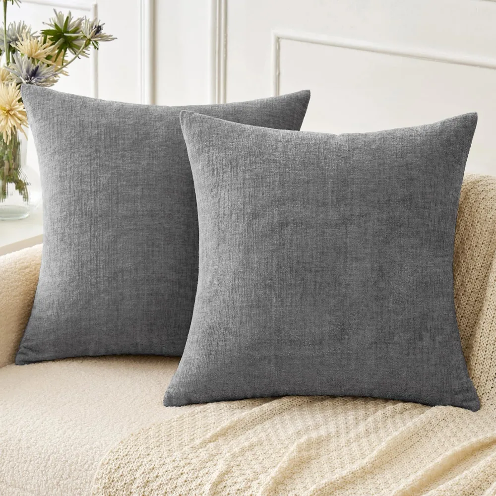 MIULEE Pack of 2 Couch Throw Pillow Covers 18x18 Inch Soft Dark Gray Chenille Pillow Covers for Sofa Living Room Solid Dyed Pillow Cases