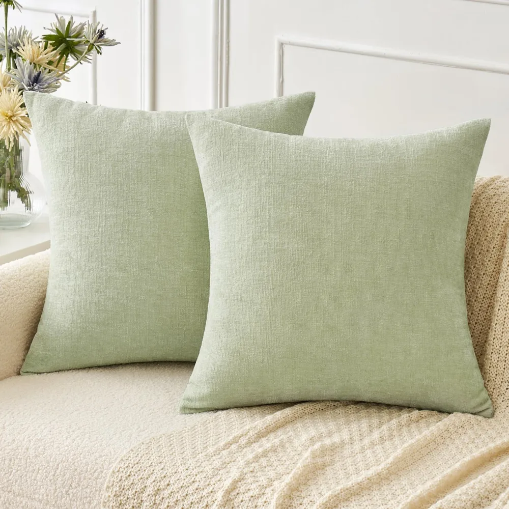 MIULEE Pack of 2 Spring Light Green Couch Throw Pillow Covers 20x20 Inch Soft Chenille Pillow Covers for Sofa Living Room Solid Dyed Pillow Cases