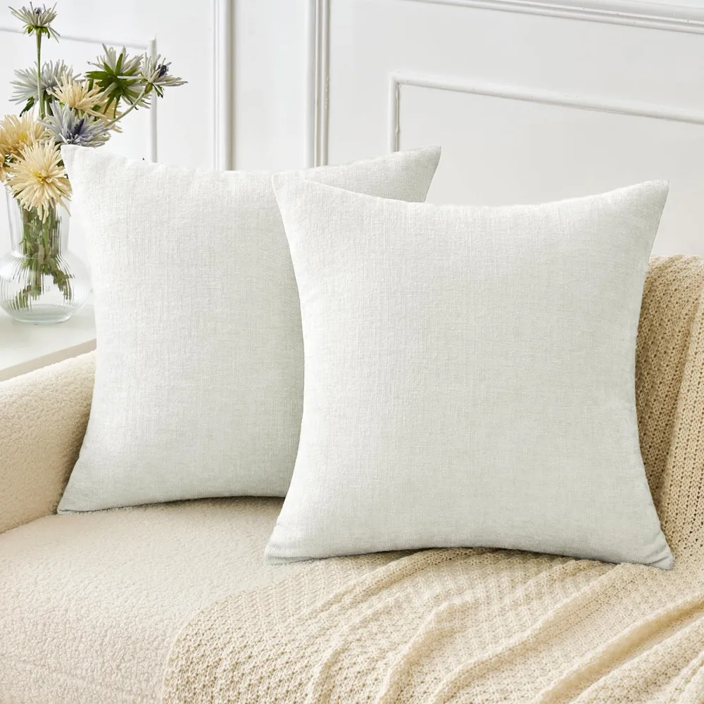 MIULEE Pack of 2 Couch Throw Pillow Covers 18x18 Inch Soft White Chenille Pillow Covers for Sofa Living Room Solid Dyed Pillow Cases