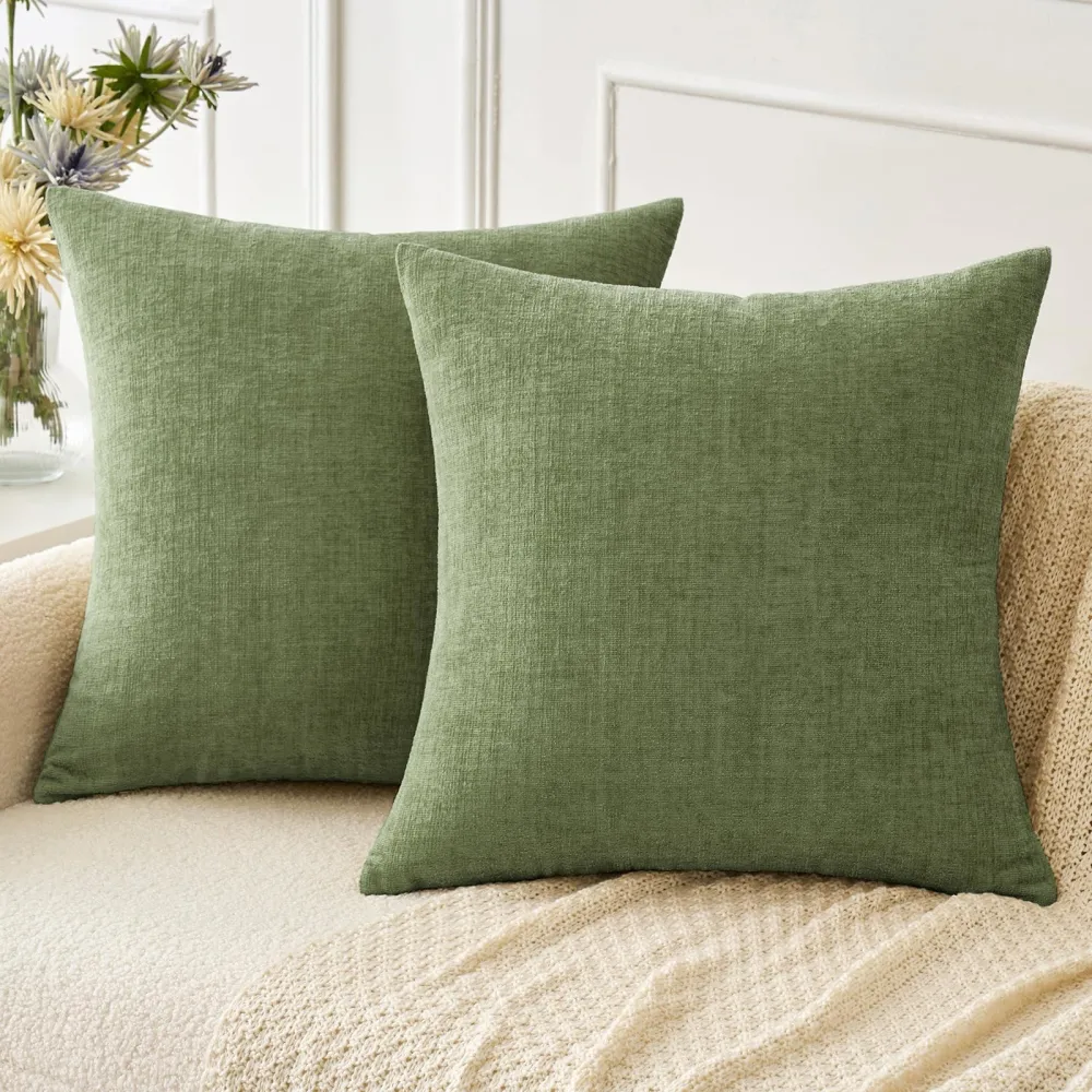 MIULEE Pack of 2 Couch Throw Pillow Covers 18x18 Inch Spring Soft Sage Green Chenille Pillow Covers for Sofa Living Room Solid Dyed Pillow Cases