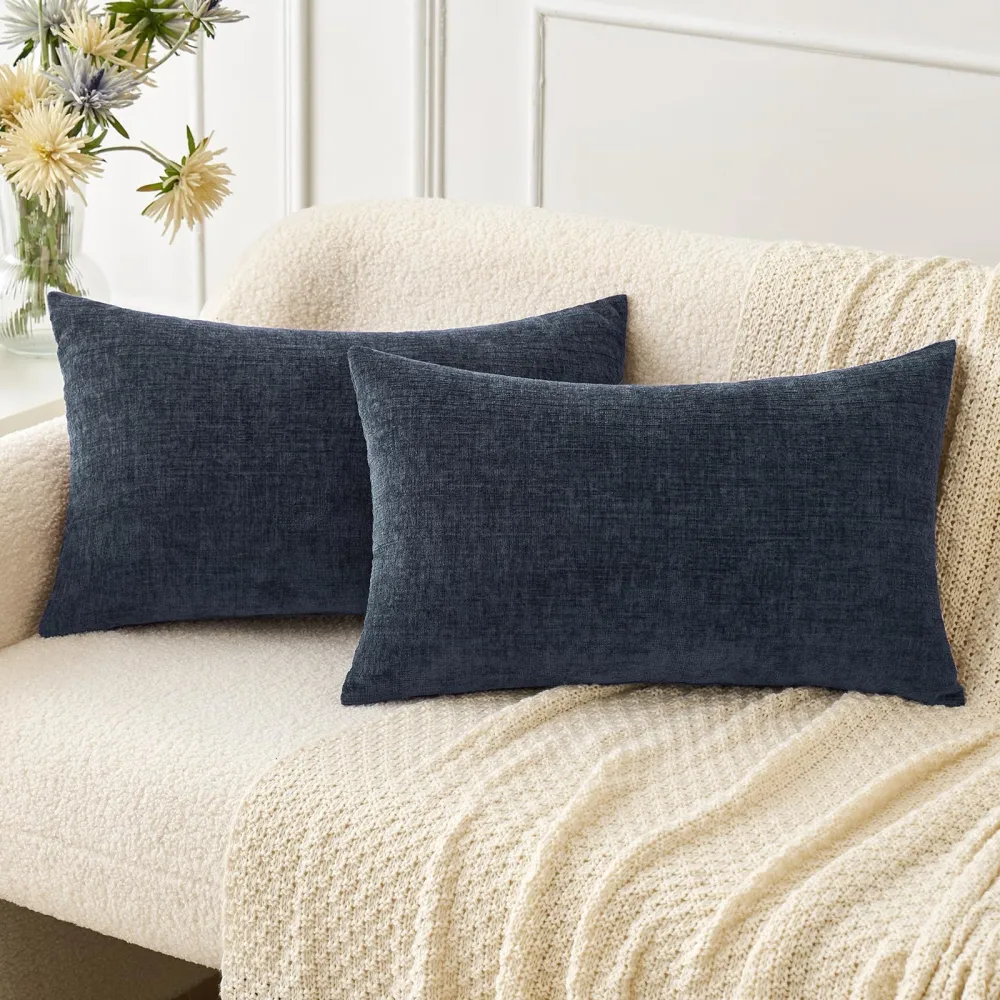 MIULEE Pack of 2 Couch Throw Pillow Covers 12x20 Inch Soft Navy Blue Chenille Pillow Covers for Sofa Living Room Solid Dyed Pillow Cases