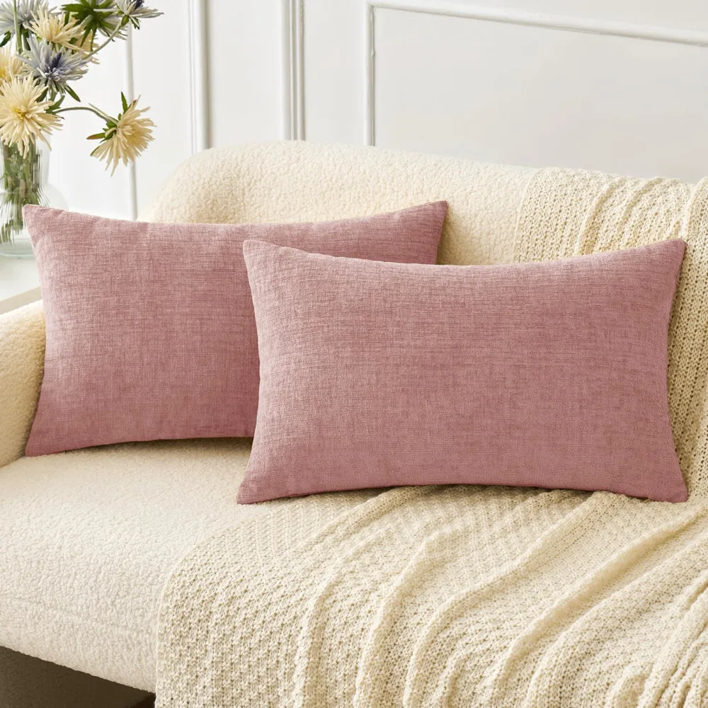 MIULEE Pack of 2 Couch Throw Pillow Covers 12x20 Inch Soft Blush Pink Chenille Pillow Covers for Sofa Living Room Solid Dyed Pillow Cases