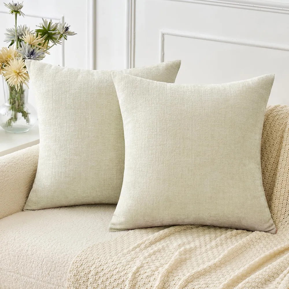 MIULEE Pack of 2 Cream Throw Pillow Covers 20x20 Inch Soft Chenille Pillow Covers for Sofa Living Room Couch Solid Dyed Cases