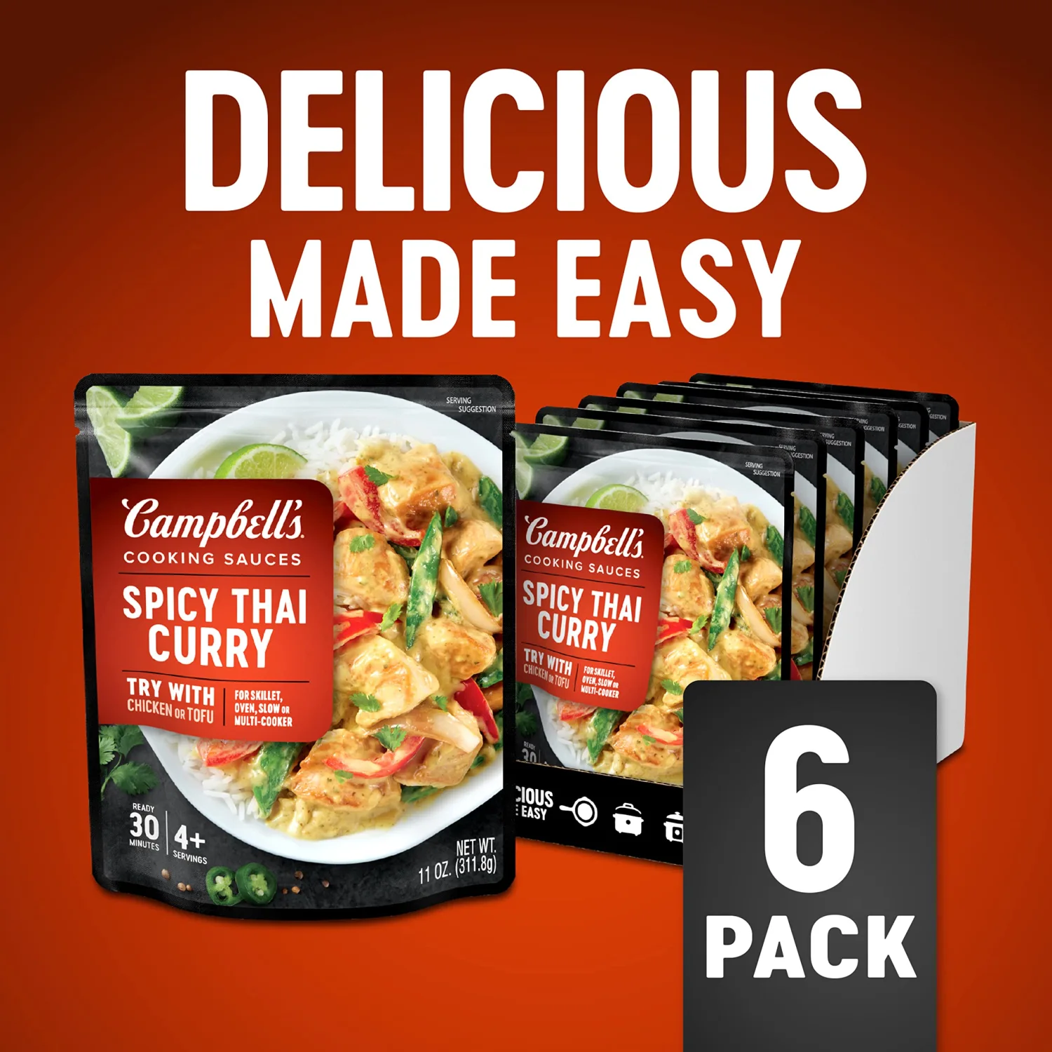 Campbell's Cooking Sauces, Spicy Thai Curry, 11 Oz Pouch (Case of 6)