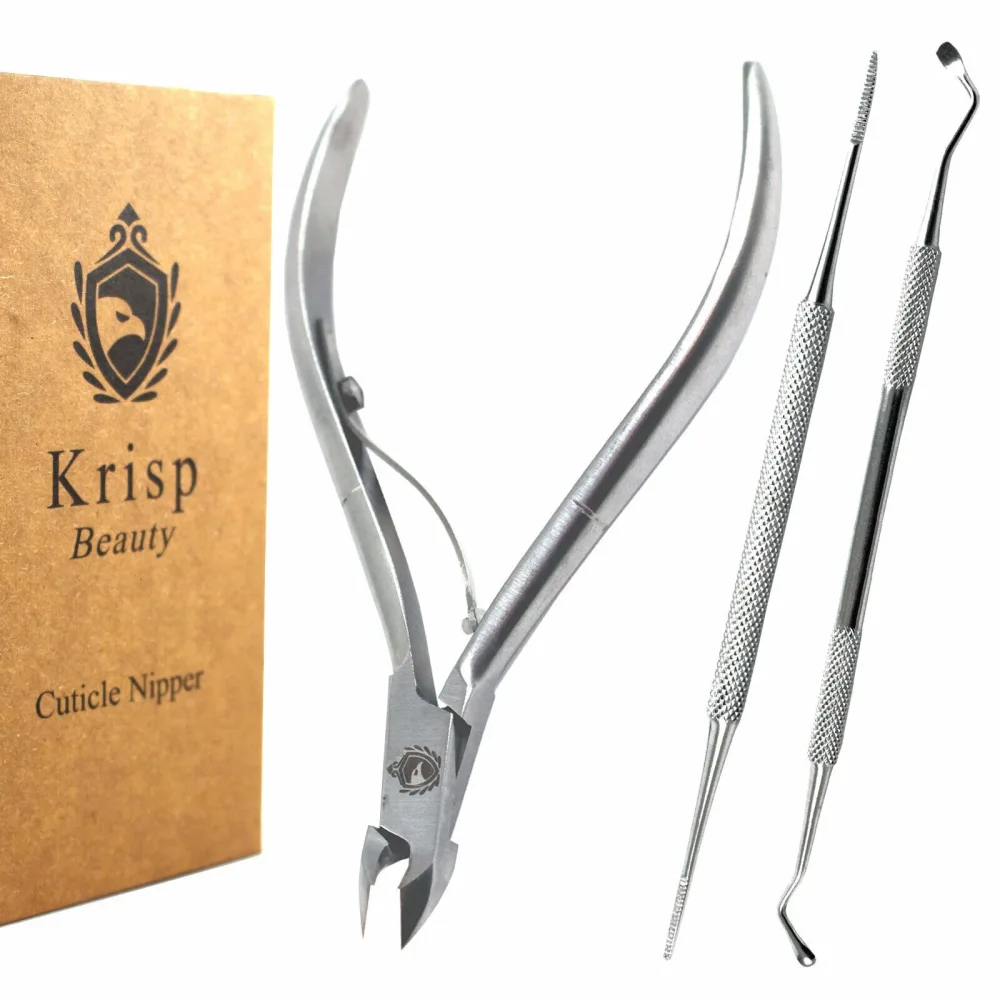 Cuticle Trimmer 3/4 Jaw Sharp Blade Nail Nippers Scissors Cuticle Pusher Ingrown Toenail Lifter File Stainless Steel Clippers Cutter Remover Pedicure Manicure Fingernail Tools 3 PC Set By Krisp Beauty