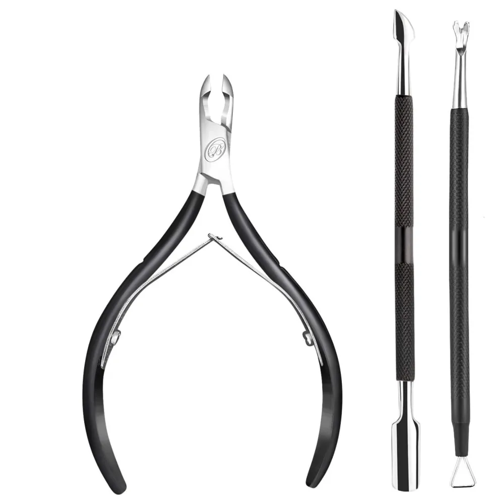 Cuticle Nipper with Cuticle Pusher- Professional Grade Stainless Steel Cuticle Remover and Cutter - Durable Manicure and Pedicure Tool - Beauty Tool Perfect for Fingernails and Toenails (Black)