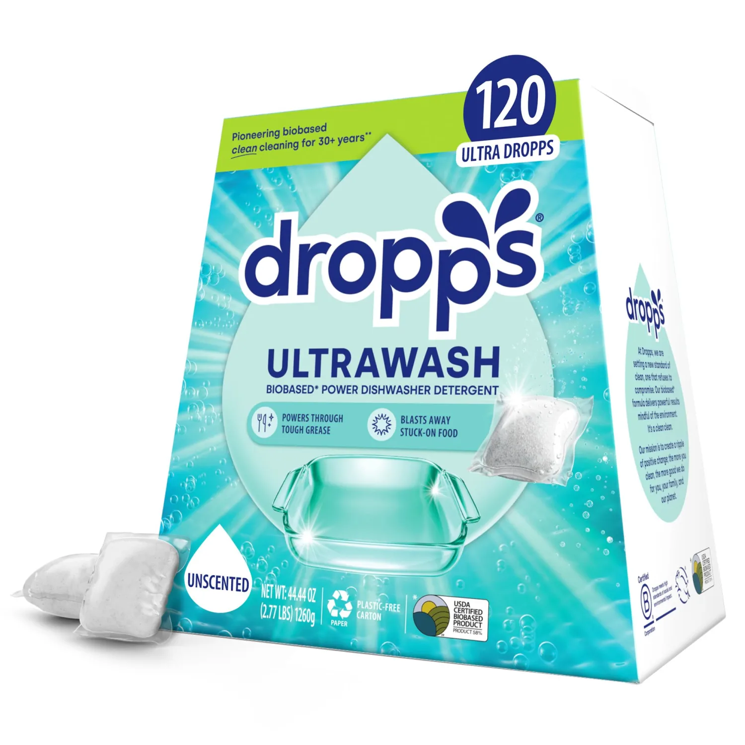 Dropps UltraWash Dishwasher Pods, Unscented (120 Dish Tabs) - Biobased Power Deep Clean Dishwasher Detergent Tablets for Sparkling Shiny Dishes - No Rinse Aid or Pre-Wash Needed - Dishwashing Pods
