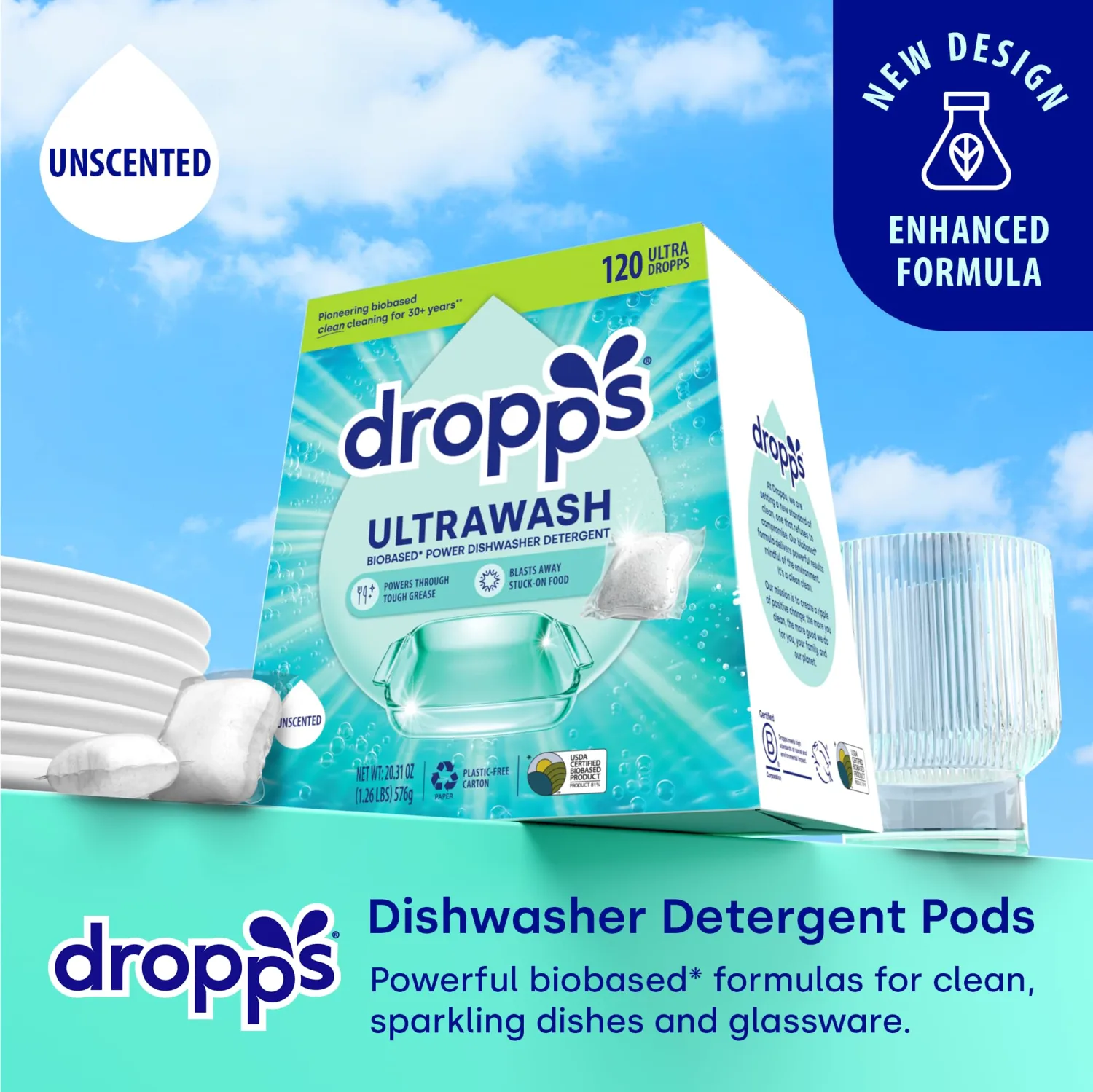 Dropps UltraWash Dishwasher Pods, Unscented (120 Dish Tabs) - Biobased Power Deep Clean Dishwasher Detergent Tablets for Sparkling Shiny Dishes - No Rinse Aid or Pre-Wash Needed - Dishwashing Pods