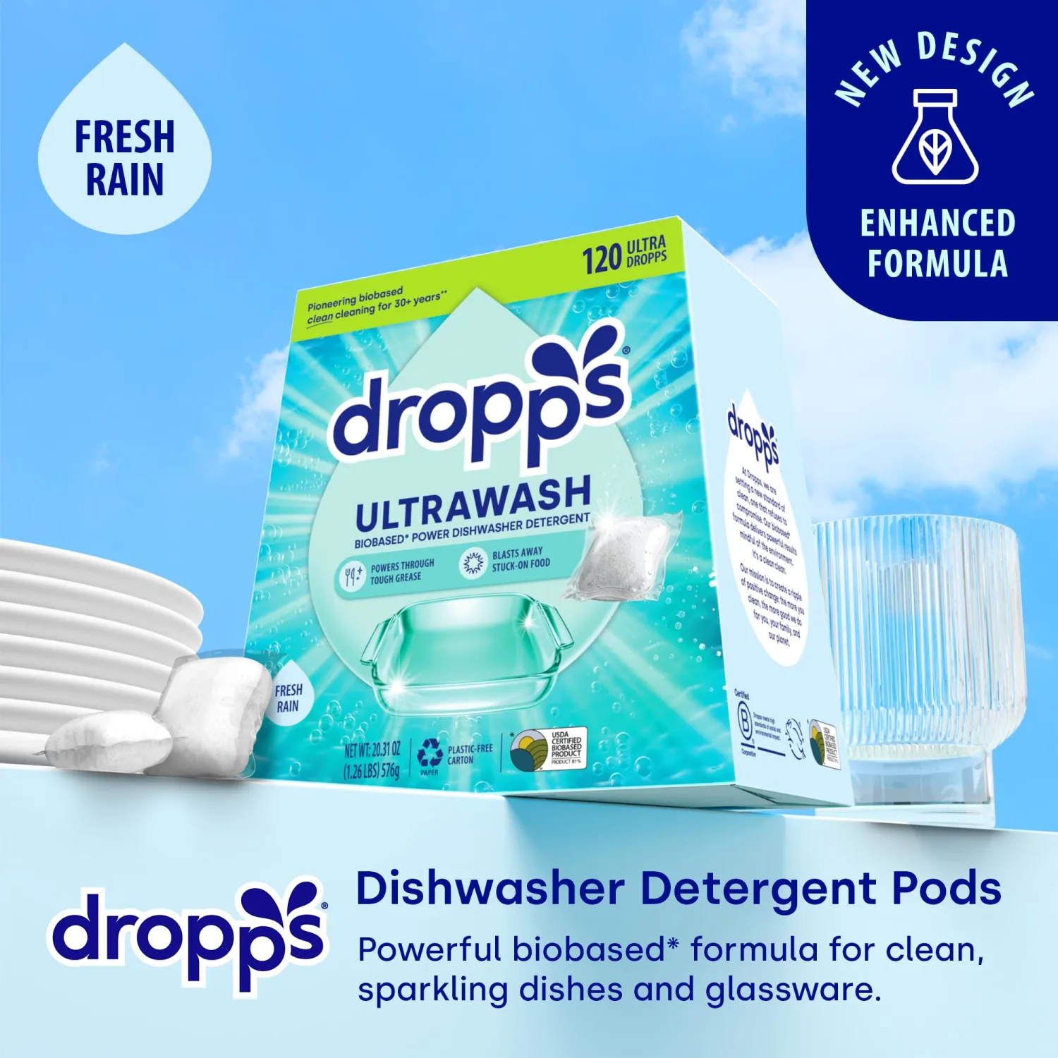 Dropps UltraWash Dishwasher Pods, Fresh Rain (120 Dish Tabs) - Biobased Power Deep Clean Dishwasher Detergent Tablets for Sparkling Shiny Dishes - No Rinse Aid or Pre-Wash Needed - Dishwashing Pods