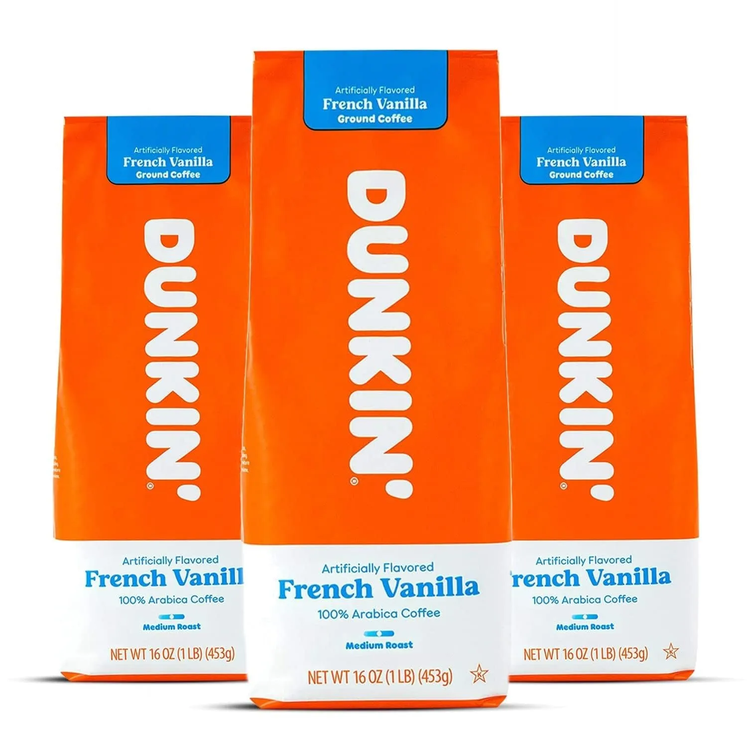Dunkiin_Donuts French Vanilla Ground Bean Coffee, Medium Roast, Caffeinated 100% Arabica Coffee Bag 3LB - 48 Ounce (1lb Pack of 3) with eRaiyan Sticker