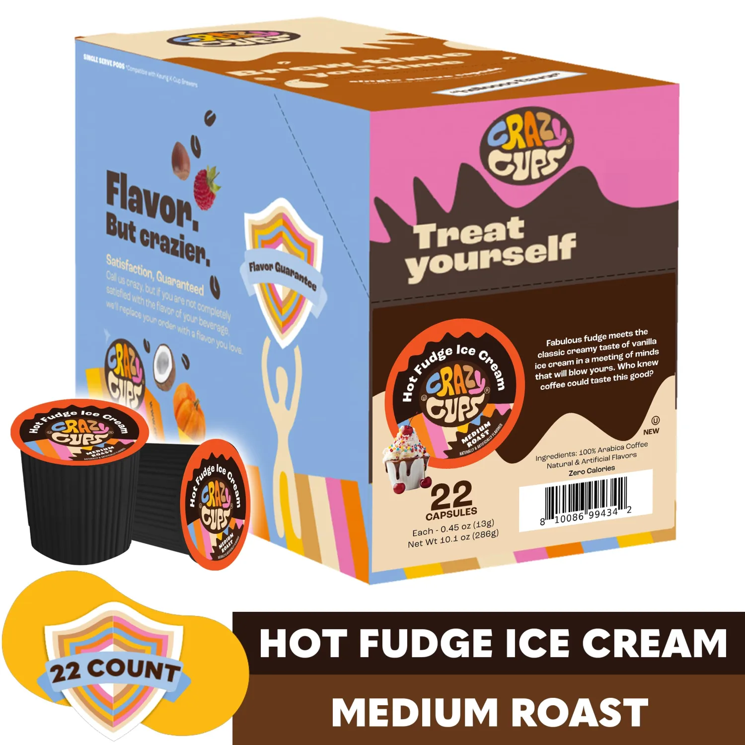 Crazy Cups Flavored Coffee pods, Hot Fudge Sundae, Single-Serve Medium Roast Coffee Cups for Keurig K-Cup Machines, Hot or Iced(Pack of 1, 22 Count Total)