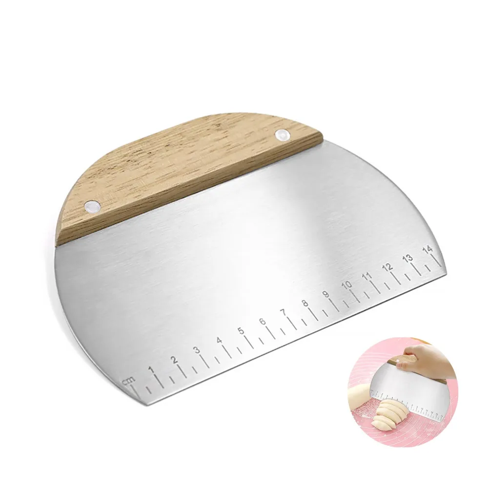 Dough Cutter for Bread and Pizza Dough, Food Grade Stainless Steel Dough Scraper, Pastry Scraper with Wooden Handle, Multipurpose Cake Bread Pizza Cutter with Measuring Scale