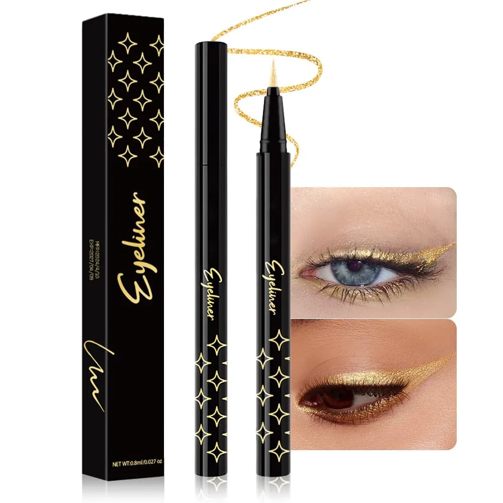 evpct 1Pcs Gold Glitter Glittering Diamond Liquid Eyeliner Eye Makeup Pencil Set, Sparkle Shimmer Colored Eyeliner Pen Waterproof Smudge Proof Long Lasting High Pigmented 02#