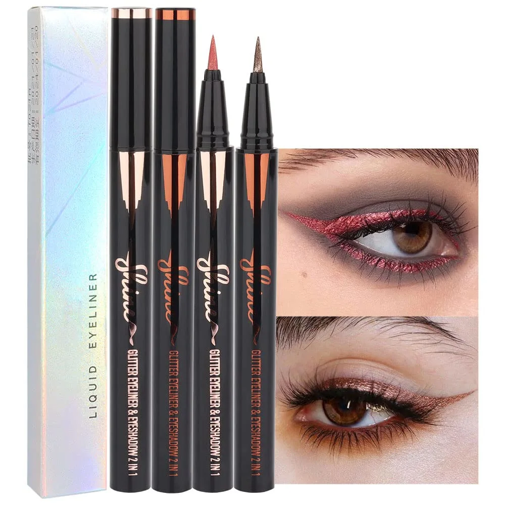 evpct 2Pcs Glitter Sparkle Shimmer Rose Gold & Bronze Liquid Eyeliner Makeup Pen Set, Metallic Satin Finish Colorful Colored Sparkle Eye Liner Pen Waterproof Smudge Proof Long Lasting High Pigmented