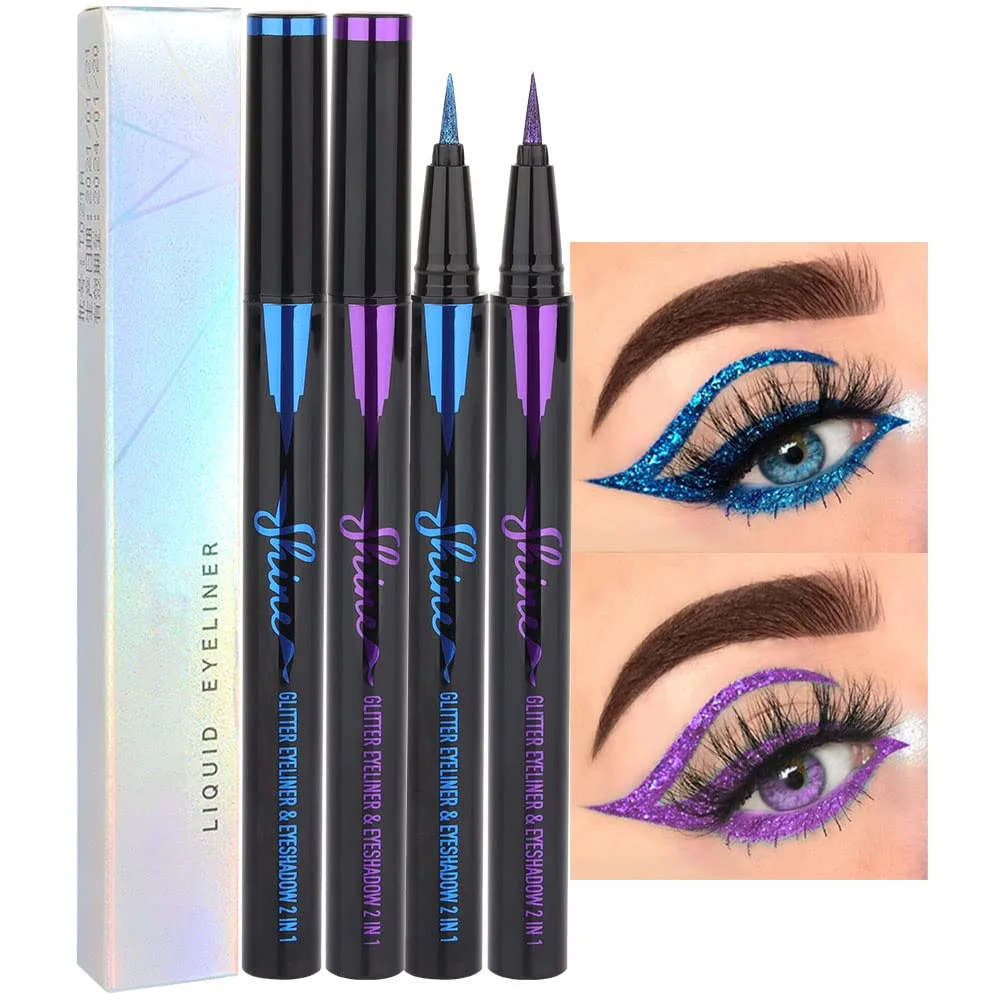 evpct 2Pcs Metallic Royal Blue & Purple Glitter Glittering Diamond Liquid Eyeliner Eye Makeup Pencil Set, Sparkle Shimmer Colored Eyeliner Pen Waterproof Smudge Proof Long Lasting High Pigmented