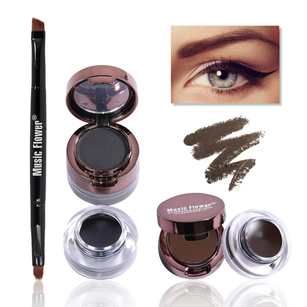 Gel Eyeliner Eyebrow Powder, Black and Brown Waterproof Smudgeproof Long Lasting Makeup Eyeliner Gel with Brush Mirror, 0.49 Ounce, Pack of 2