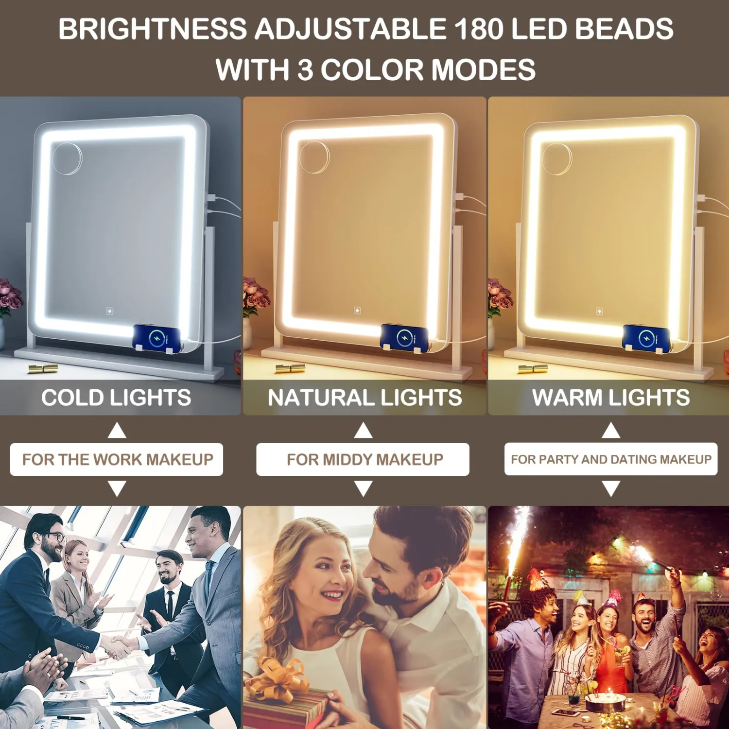 Makeup Vanity Mirror with Lights 15.2" Large LED Lighted Mirror, Hollywood Make Up Mirror with Lighting for Bedroom Tabletop, Smart Touch, Detachable 10X Magnification 360° Rotation, (Black)