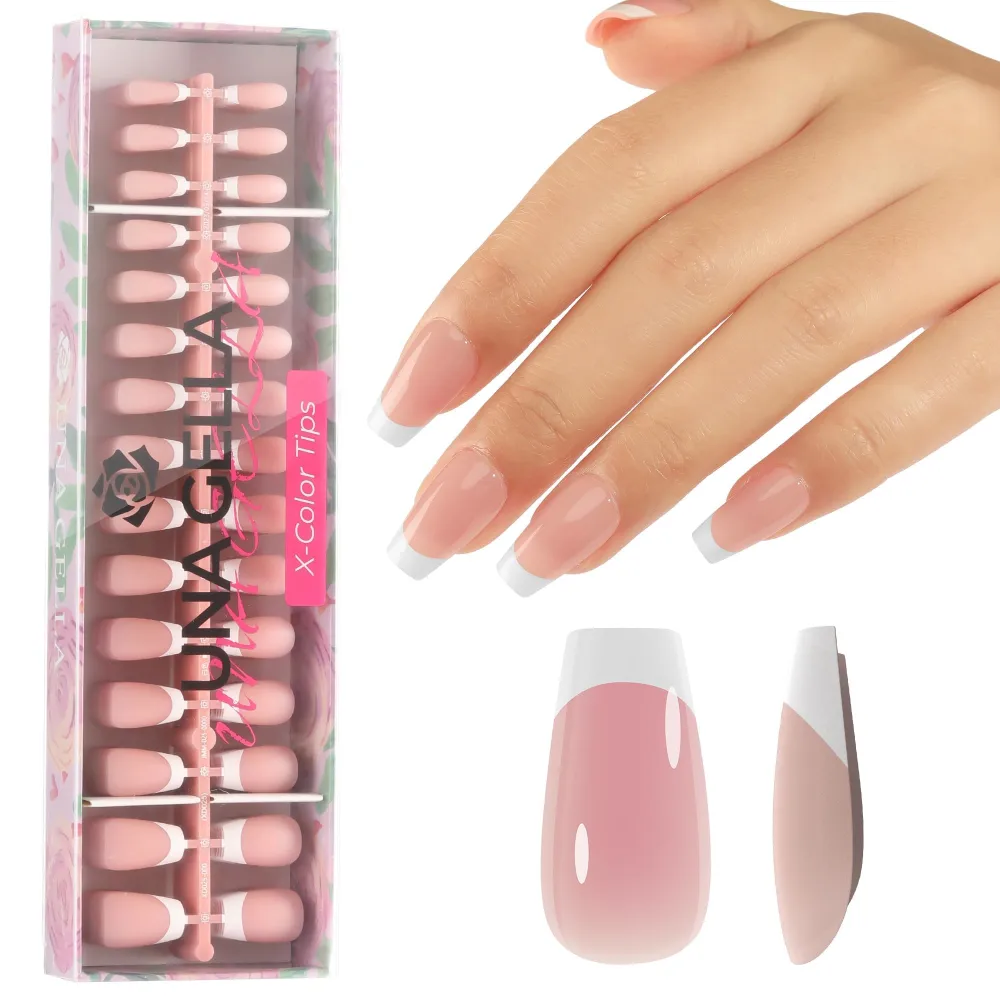 UNA GELLA French Gel Nail Tips 150Pcs French Tips Press on Nails Short Coffin Nail Tips 3 in 1 X-Color Tips Pre-finish Tip Primer & Base Coat Fake Nails for Home DIY 15 Sizes Double-sided Matte