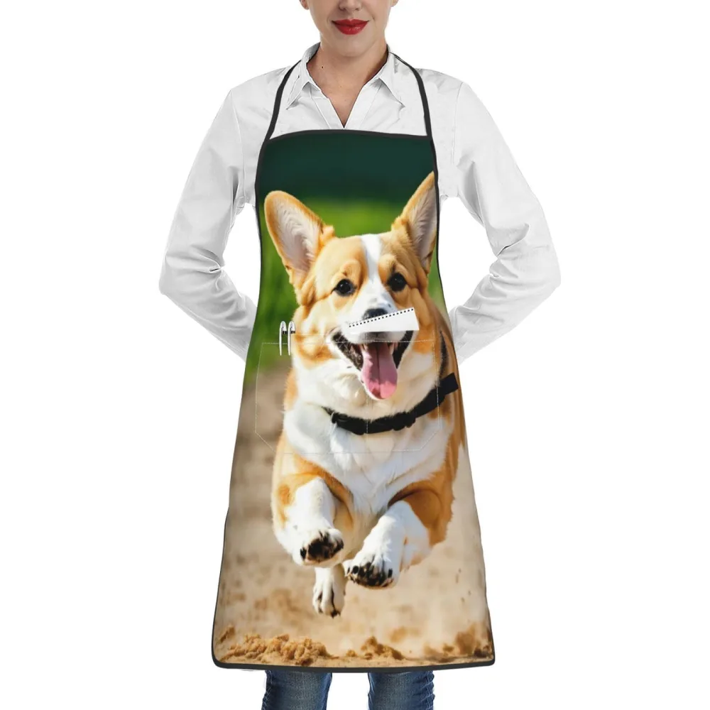 Rich&Rabbit Cute Corgi Print Kitchen Apron with pockets, Apron for cooking waitress bistro baking gardening painting