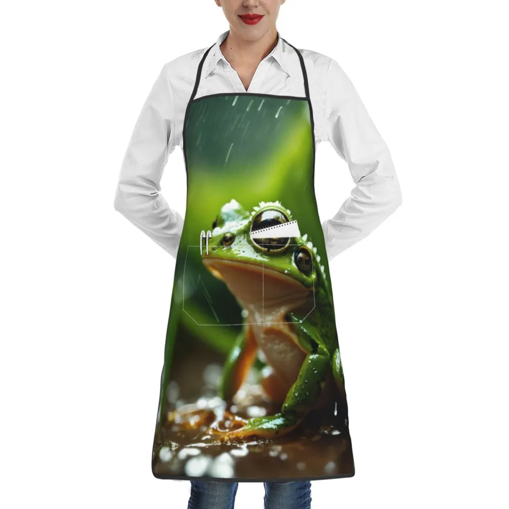 Rich&Rabbit Frog and Rain Print Kitchen Apron with pockets, Apron for cooking waitress bistro baking gardening painting