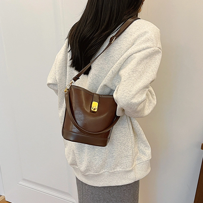 Women Retro Crossbody Bucket Bag Detachable Shoulder Strap Handbag