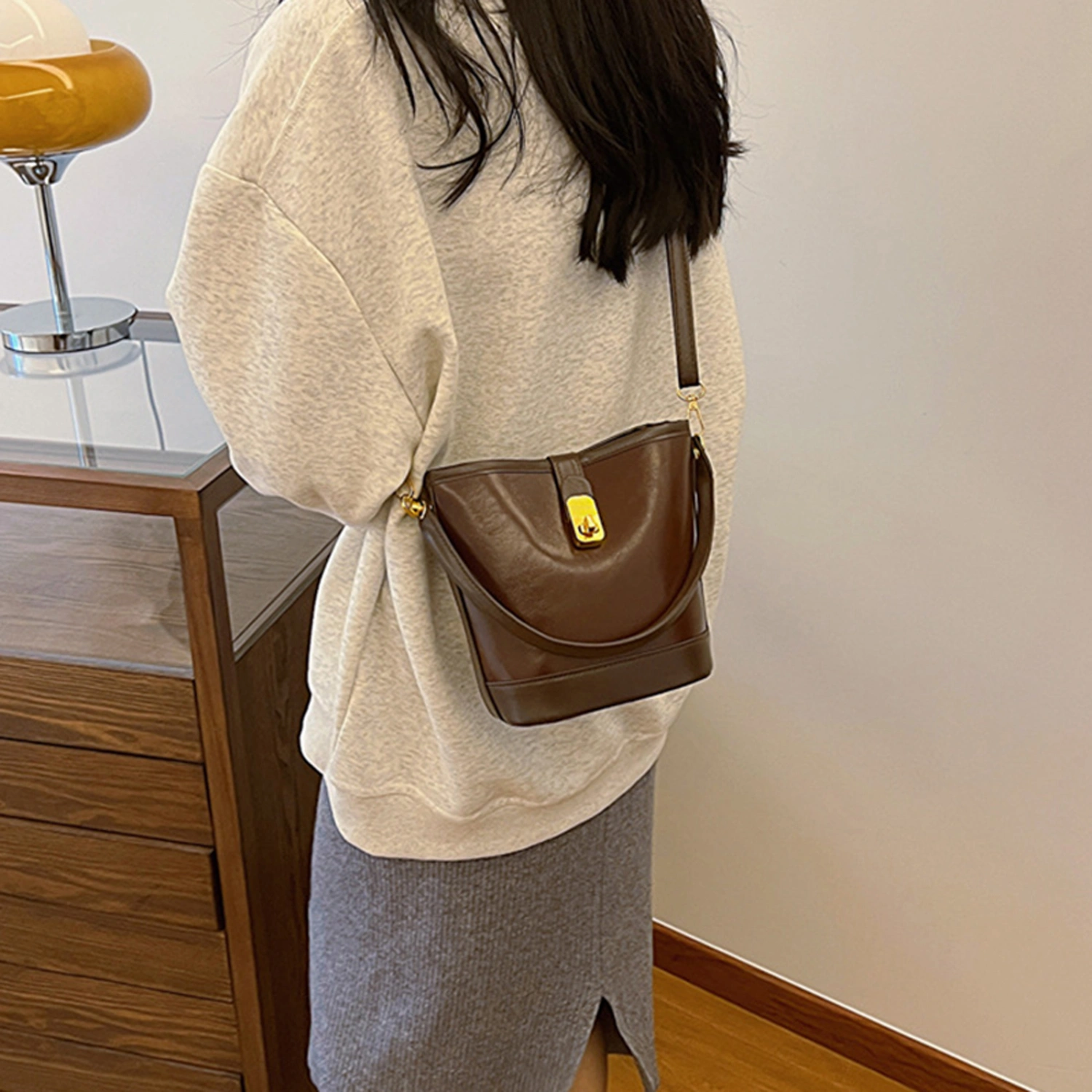 Women Retro Crossbody Bucket Bag Detachable Shoulder Strap Handbag