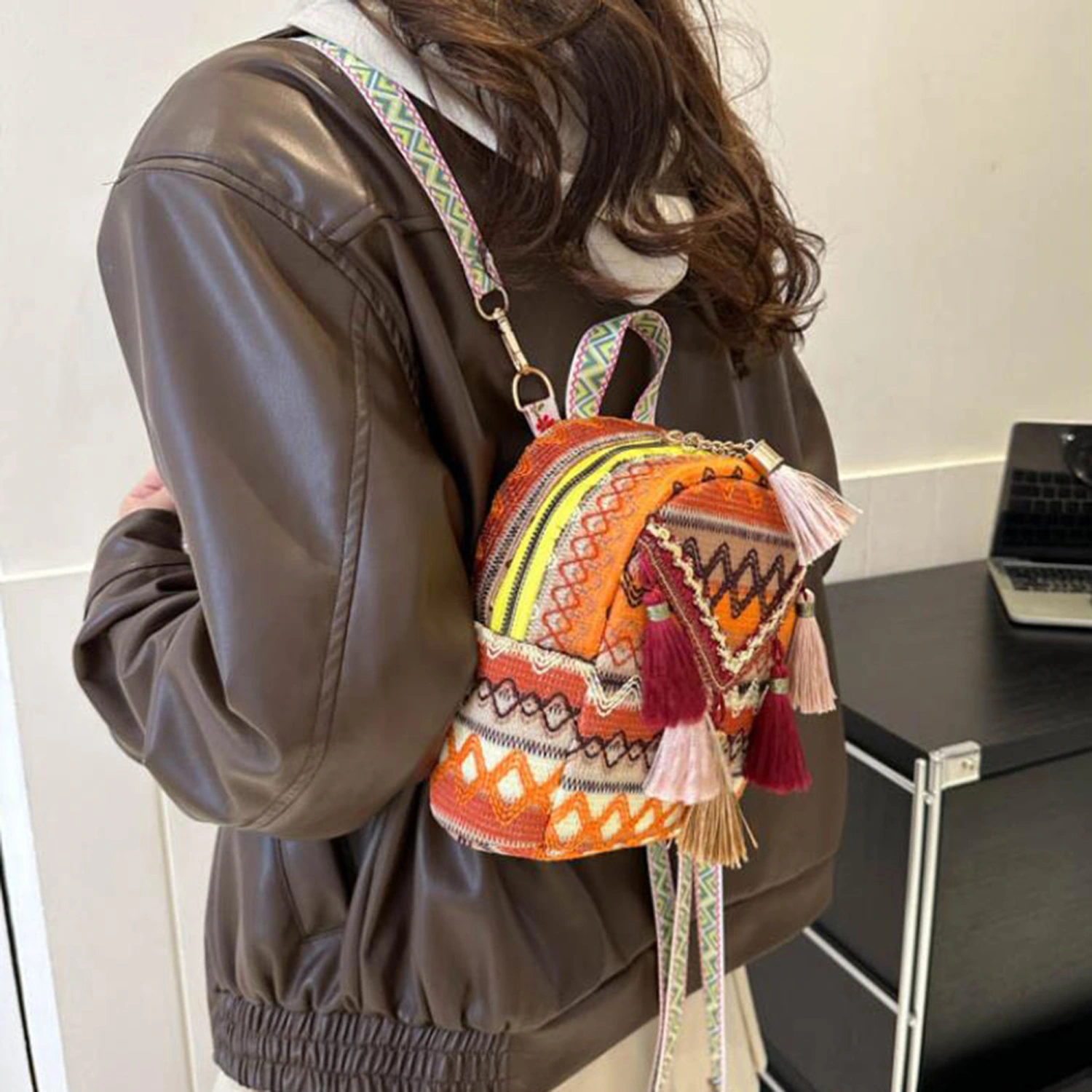 Women Backpack, Ethnic Style Woven Tasseled Large Capacity Handbag