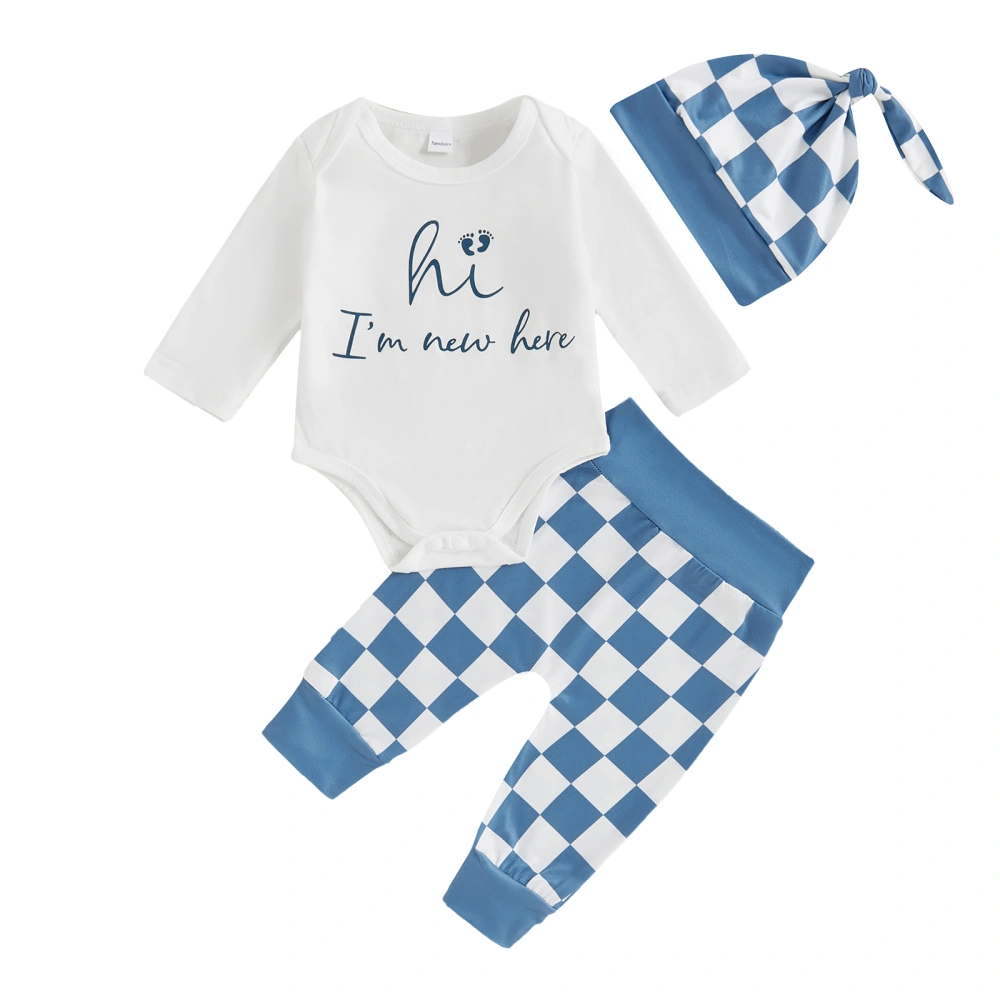 Baby Boy Fall Outfit, Long Sleeve Romper Checkerboard Pants Hat 